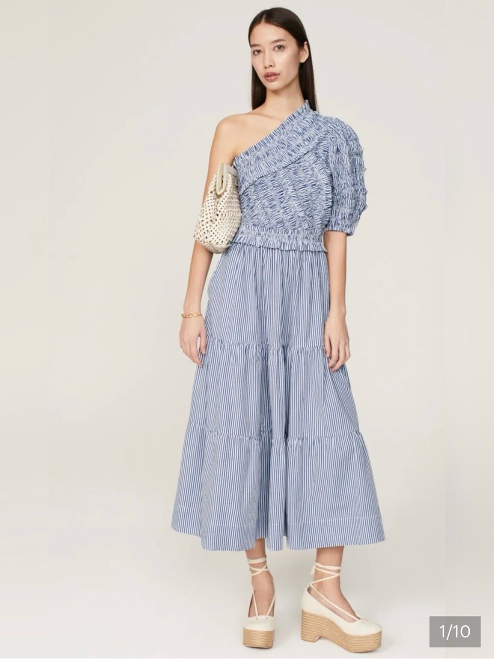 Sea New York One-Shoulder Blue Striped Tiered Midi Dress
